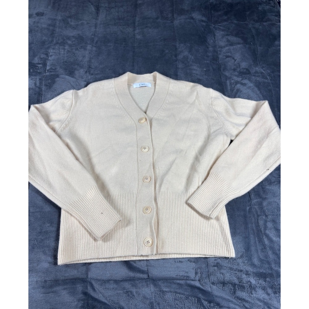 L'art Cream Wool Blend V-Neck Button Front Cardigan Sweater Made in Korea FREE